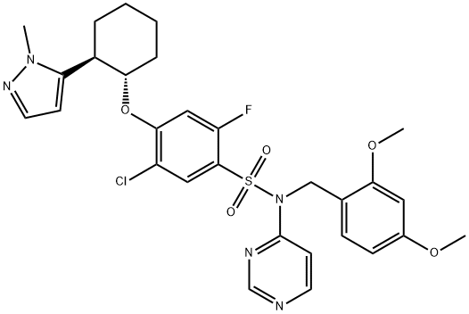 Benzenesulfonamide, 5-chloro-N-[(2,4-dimethoxyphenyl)methyl]-2-fluoro-4-[[(1S,2R)-2-(1-methyl-1H-pyrazol-5-yl)cyclohexyl]oxy]-N-4-pyrimidinyl- 结构式