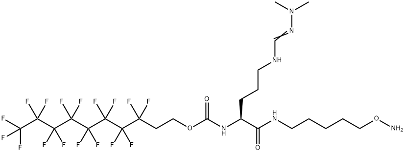 Carbamic acid, N-[(1S)-1-[[[5-(aminooxy)pentyl]amino]carbonyl]-4-[[(dimethylamino)iminomethyl]amino]butyl]-, 3,3,4,4,5,5,6,6,7,7,8,8,9,9,10,10,10-
heptadecafluorodecyl ester 结构式