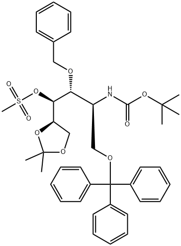 D-Glucitol, 2-deoxy-2-(1,1-dimethylethoxy)carbonylamino-5,6-O-(1-methylethylidene)-3-O-(phenylmethyl)-1-O-(triphenylmethyl)-, 4-methanesulfonate 结构式