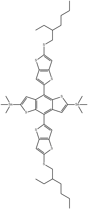 (4,8-bis(5-((2-ethylhexyl)thio)thieno[3,2-b]thiophen-2-yl)benzo[1,2-b:4,5-b']dithiophene-2,6-diyl)bis(trimethylstannane) 结构式