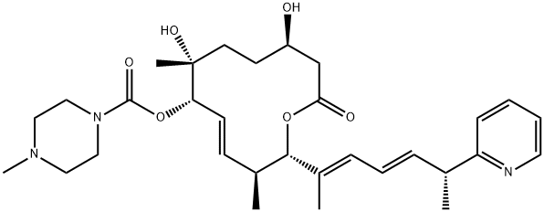 (2S,3S,4E,6S,7R,10R)-7,10-二羟基-3,7-二甲基-2-[(1E,3E,5R)-1-甲基-5-(2-吡啶基)-1,3-己二烯-1-基]-12-氧代氧杂环十二烷-4-烯-6-基 4-甲基-1-哌嗪羧酸酯 结构式