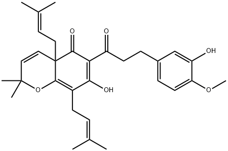 5H-1-Benzopyran-5-one, 2,4a-dihydro-7-hydroxy-6-[3-(3-hydroxy-4-methoxyphenyl)-1-oxopropyl]-2,2-dimethyl-4a,8-bis(3-methyl-2-buten-1-yl)- 结构式