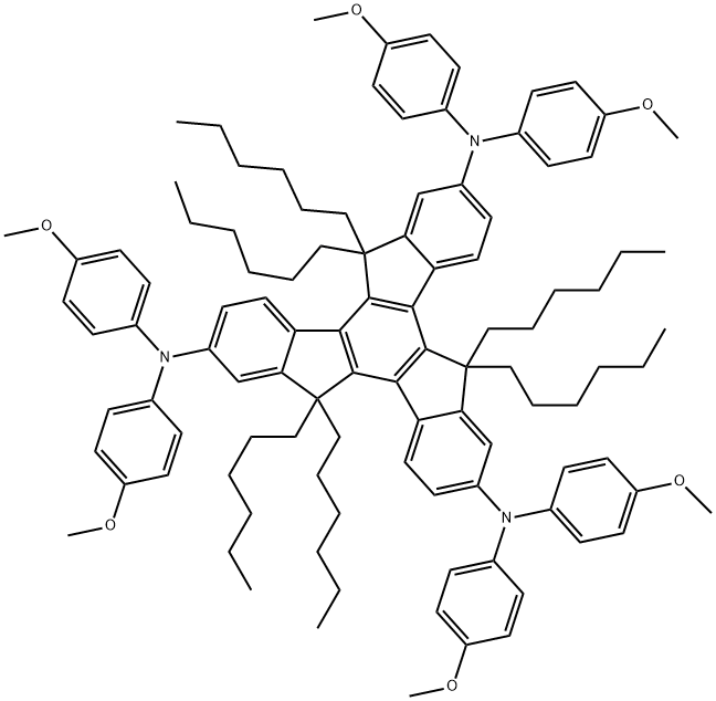 5,5,10,10,15,15-hexahexyl-N2,N2,N7,N7,N12,N12-hexakis(4-methoxyphenyl)-10,15-dihydro-5H-diindeno[1,2-a:1',2'-c]fluorene-2,7,12-triamine 结构式