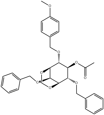 myo-Inositol, 4-O-(4-methoxyphenyl)methyl-1,3-O-methylene-2,6-bis-O-(phenylmethyl)-, acetate 结构式