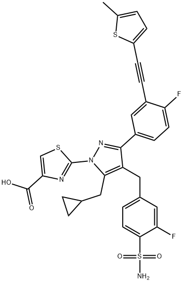 4-Thiazolecarboxylic acid, 2-[4-[[4-(aminosulfonyl)-3-fluorophenyl]methyl]-5-(cyclopropylmethyl)-3-[4-fluoro-3-[2-(5-methyl-2-thienyl)ethynyl]phenyl]-1H-pyrazol-1-yl]- 结构式