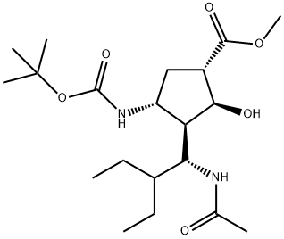 (1S,2S,3R,4R)-3-((R)-1-乙酰氨基-2-乙基丁基)-4-((叔丁氧羰基)氨基)-2-羟基环戊烷-1-羧酸甲酯 结构式