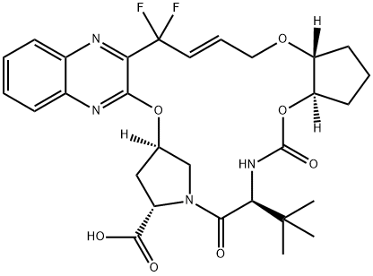 (33R,35S,91R,92R,5S,E)-5-(叔丁基)-14,14-二氟-4,7-二羰基-2,8,10-三氧-6-氮-1(2,3)-喹喔啉-3(3,1)-四氢吡咯-9(1,2)-环戊基十四环-12-烯-35-甲酸 结构式