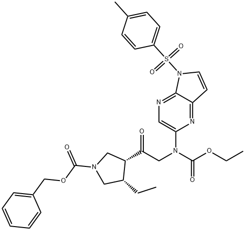 苄基(3R,4S)-3-(N-(乙氧基羰基)-N-(5-甲苯磺酰基-5H-吡咯并[2,3-b]吡嗪-2-基)甘氨酰基)-4-乙基吡咯烷-1-羧酸酯 结构式