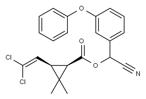 Cyclopropanecarboxylic acid, 3-(2,2-dichloroethenyl)-2,2-dimethyl-, cyano(3-phenoxyphenyl)methyl ester, (1R,3R)-rel- 结构式
