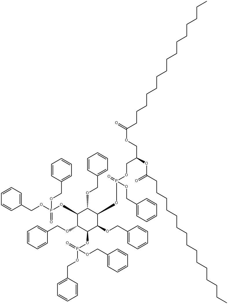 D-myo-Inositol, 2,4,6-tris-O-(phenylmethyl)-, 1-(2R)-2,3-bis(1-oxohexadecyl)oxypropyl phenylmethyl phosphate 3,5-bisbis(phenylmethyl) phosphate 结构式