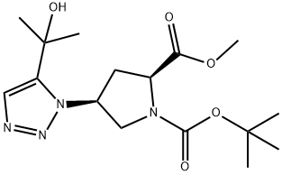 1,2-Pyrrolidinedicarboxylic acid, 4-[5-(1-hydroxy-1-methylethyl)-1H-1,2,3-triazol-1-yl]-, 1-(1,1-dimethylethyl) 2-methyl ester, (2S,4S)- 结构式