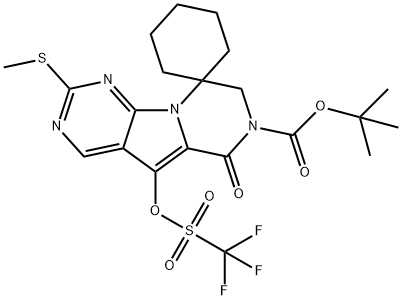 Spiro[cyclohexane-1,9'(6'H)-pyrazino[1',2':1,5]pyrrolo[2,3-d]pyrimidine]-7'(8'H)-carboxylic acid, 2'-(methylthio)-6'-oxo-5'-[[(trifluoromethyl)sulfonyl]oxy]-, 1,1-dimethylethyl ester 结构式