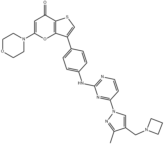 7H-Thieno[3,2-b]pyran-7-one, 3-[4-[[4-[4-(1-azetidinylmethyl)-3-methyl-1H-pyrazol-1-yl]-2-pyrimidinyl]amino]phenyl]-5-(4-morpholinyl)- 结构式