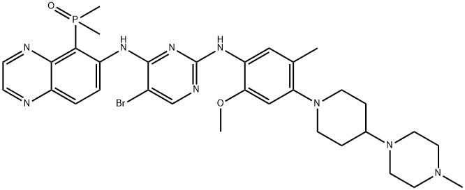 5-溴-N4-[5-(二甲基膦基)-6-喹喔啉基]-N2-[2-甲氧基-5-甲基-4-[4-(4-甲基-1-哌嗪基)-1-哌啶基]苯基]-2,4-嘧啶二胺 结构式