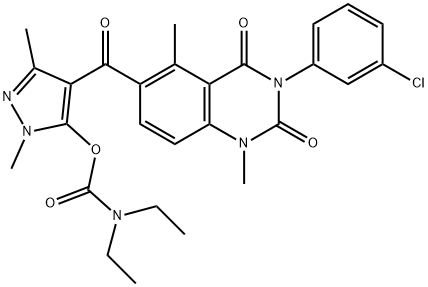 Carbamic acid, N,N-diethyl-, 4-[[3-(3-chlorophenyl)-1,2,3,4-tetrahydro-1,5-dimethyl-2,4-dioxo-6-quinazolinyl]carbonyl]-1,3-dimethyl-1H-pyrazol-5-yl ester 结构式