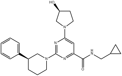 4-Pyrimidinecarboxamide, N-(cyclopropylmethyl)-6-[(3S)-3-hydroxy-1-pyrrolidinyl]-2-[(3S)-3-phenyl-1-piperidinyl]- 结构式