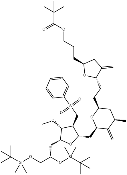 Propanoic acid, 2,2-dimethyl-, 3-[(2S,5S)-5-[2-[(2S,4R,6R)-6-[[(2S,3S,4R,5R)-5-[(2S)-2,3-bis[[(1,1-dimethylethyl)dimethylsilyl]oxy]propyl]tetrahydro-4-methoxy-3-[(phenylsulfonyl)methyl]-2-furanyl]methyl]tetrahydro-4-methyl-5-methylene-2H-pyran-2-yl]ethyl]tetrahydro-4-methylene-2-furanyl]propyl ester 结构式