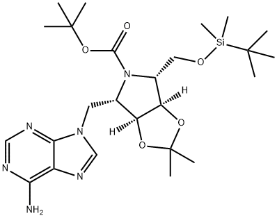 5H-1,3-Dioxolo4,5-cpyrrole-5-carboxylic acid, 4-(6-amino-9H-purin-9-yl)methyl-6-(1,1-dimethylethyl)dimethylsilyloxymethyltetrahydro-2,2-dimethyl-, 1,1-dimethylethyl ester, (3aS,4S,6R,6aR)- 结构式