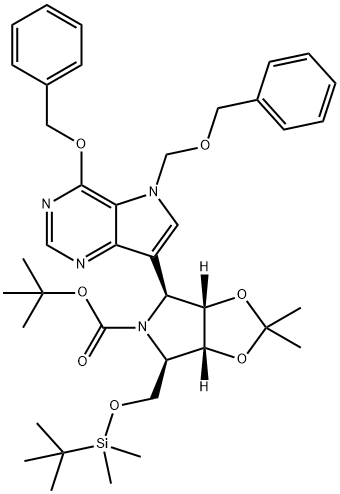 5H-1,3-Dioxolo4,5-cpyrrole-5-carboxylic acid, 4-(1,1-dimethylethyl)dimethylsilyloxymethyltetrahydro-2,2-dimethyl-6-4-(phenylmethoxy)-5-(phenylmethoxy)methyl-5H-pyrrolo3,2-dpyrimidin-7-yl-, 1,1-dimethylethyl ester, (3aR,4R,6S,6aS)- 结构式