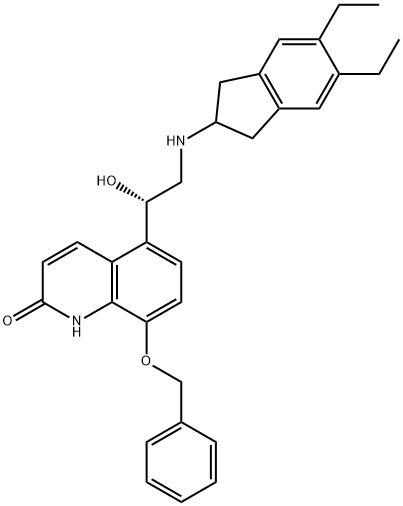 2(1H)-Quinolinone, 5-[(1S)-2-[(5,6-diethyl-2,3-dihydro-1H-inden-2-yl)amino]-1-hydroxyethyl]-8-(phenylmethoxy)- 结构式