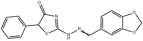 2-(N-Benzo[1,3]dioxol-5-ylmethylene-hydrazino)-5-phenyl-thiazol-4-one 结构式