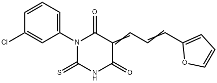 (5E)-1-(3-chlorophenyl)-5-[(E)-3-(furan-2-yl)prop-2-enylidene]-2-sulfanylidene-1,3-diazinane-4,6-dione 结构式