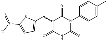 (5E)-1-(4-methylphenyl)-5-[(5-nitrothiophen-2-yl)methylidene]-2-sulfanylidene-1,3-diazinane-4,6-dione 结构式
