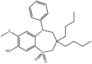 1,5-Benzothiazepin-8-ol, 3,3-dibutyl-2,3,4,5-tetrahydro-7-(methylthio)-5-phenyl-, 1,1-dioxide 结构式