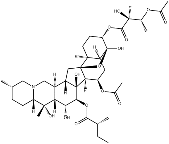 4α,9-Epoxycevane-3β,4,7α,14,15α,16β,20-heptol 7-acetate 3-[(2S,3R)-3-acetoxy-2-hydroxy-2-methylbutanoate]15-[(R)-2-methylbutanoate] 结构式