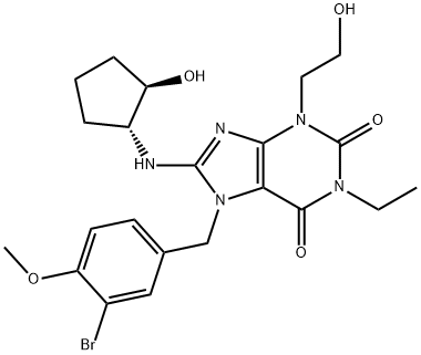 7-(3-溴-4-甲氧基苄基)-1-乙基-8-(((1R,2R)-2-羟基环戊基)氨基)-3-(2-羟基乙基)-3,7-二氢-1H-嘌呤-2,6-二酮 结构式