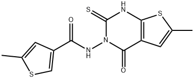 5-methyl-N-(6-methyl-4-oxo-2-sulfanylidene-1H-thieno[2,3-d]pyrimidin-3-yl)thiophene-3-carboxamide 结构式