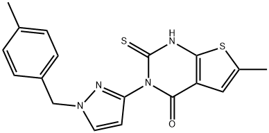 6-methyl-3-[1-[(4-methylphenyl)methyl]pyrazol-3-yl]-2-sulfanylidene-1H-thieno[2,3-d]pyrimidin-4-one 结构式