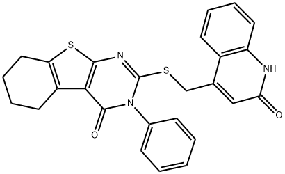 2-[(2-oxo-1H-quinolin-4-yl)methylsulfanyl]-3-phenyl-5,6,7,8-tetrahydro-[1]benzothiolo[2,3-d]pyrimidin-4-one 结构式