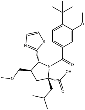 (4R,5R)-2-Isobutyl-4-(methoxymethyl)-1-[3-methoxy-4-(2-methyl-2-propanyl)benzoyl]-5-(1,3-thiazol-2-yl)-L-proline 结构式