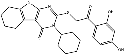 3-cyclohexyl-2-[2-(2,4-dihydroxyphenyl)-2-oxoethyl]sulfanyl-5,6,7,8-tetrahydro-[1]benzothiolo[2,3-d]pyrimidin-4-one 结构式