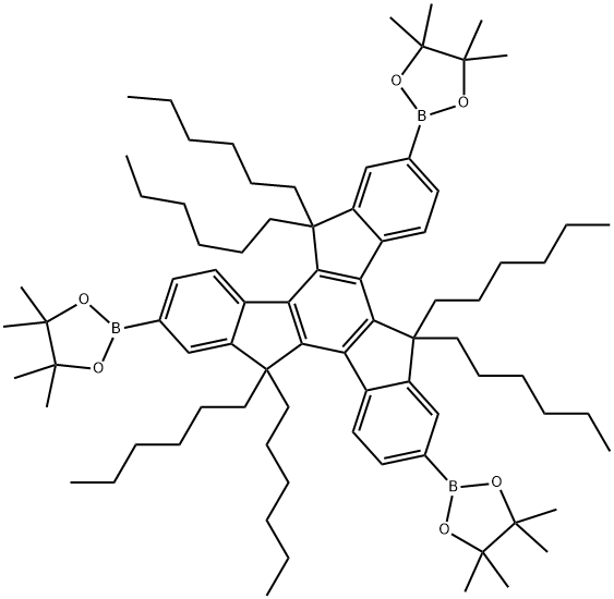 2,2',2''-(5,5,10,10,15,15-hexahexyl-10,15-dihydro-5H-diindeno[1,2-a:1',2'-c]fluorene-2,7,12-triyl)tris(4,4,5,5-tetramethyl-1,3,2-dioxaborolane) 结构式