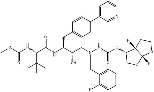 12-Oxa-2,3,7,10-tetraazatridecanoic acid, 9-(1,1-dimethylethyl)-3-[(2-fluorophenyl)methyl]-5-hydroxy-8,11-dioxo-6-[[4-(3-pyridinyl)phenyl]methyl]-, (3R,3aS,6aR)-hexahydrofuro[2,3-b]furan-3-yl ester, (5S,6S,9S)- 结构式