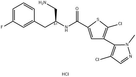 N-((S)-1-氨基-3-(3-氟苯基)丙-2-基)-5-氯-4-(4-氯-1-甲基-1H-吡唑-5-基)噻吩-2-甲酰胺盐酸盐 结构式