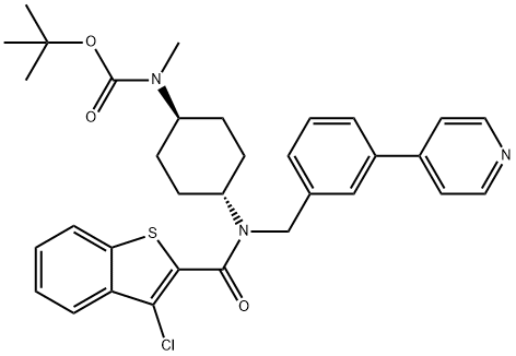 Carbamic acid, N-[trans-4-[[(3-chlorobenzo[b]thien-2-yl)carbonyl][[3-(4-pyridinyl)phenyl]methyl]amino]cyclohexyl]-N-methyl-, 1,1-dimethylethyl ester 结构式