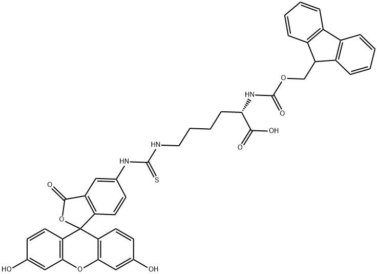 (2S)-6-[(3',6'-dihydroxy-3-oxospiro[2-benzofuran-1,9'-xanthene]-5-yl)carbamothioylamino]-2-(9H-fluoren-9-ylmethoxycarbonylamino)hexanoic acid 结构式