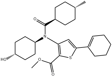 5-Cyclohex-1-enyl-3-[(trans-4-hydroxy-cyclohexyl)-(trans-4-methyl-cyclohexanecarbonyl)-amino]-thiophene-2-carboxylic acid methyl ester 结构式