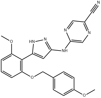 2-Pyrazinecarbonitrile, 5-[[5-[2-methoxy-6-[(4-methoxyphenyl)methoxy]phenyl]-1H-pyrazol-3-yl]amino]- 结构式