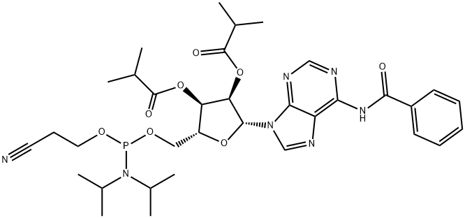 2-cyanoethoxy-N,N'-diisopropylamino-(6-N-benzoyl-2',3'-di-O-isobutyryl-β-D-adenyl-5'-yl)phosphine 结构式