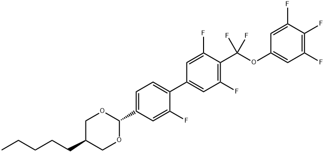 1,3-Dioxane, 2-[4'-[difluoro(3,4,5-trifluorophenoxy)methyl]-2,3',5'-trifluoro[1,1'-biphenyl]-4-yl]-5-pentyl-, trans- 结构式