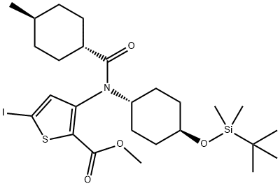 3-[[4-(tert-Butyl-dimethyl-silanyloxy)-cyclohexyl]-(4-methyl-cyclohexanecarbonyl)-amino]-5-iodo-thiophene-2-carboxylic acid methyl ester 结构式