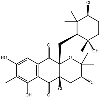 2H-Naphtho[2,3-b]pyran-5,10-dione, 3,4a-dichloro-10a-[[(1S,3S,6S)-3-chloro-6-hydroxy-2,2,6-trimethylcyclohexyl]methyl]-3,4,4a,10a-tetrahydro-6,8-dihydroxy-2,2,7-trimethyl-, (3R,4aR,10aS)- 结构式