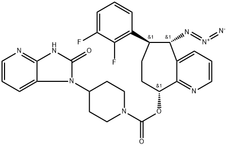 1-Piperidinecarboxylic acid, 4-(2,3-dihydro-2-oxo-1H-imidazo[4,5-b]pyridin-1-yl)-, (5S,6S,9R)-5-azido-6-(2,3-difluorophenyl)-6,7,8,9-tetrahydro-5H-cyclohepta[b]pyridin-9-yl ester 结构式