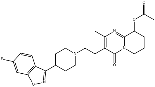 4H-Pyrido[1,2-a]pyrimidin-4-one, 9-(acetyloxy)-3-[2-[4-(6-fluoro-1,2-benzisoxazol-3-yl)-1-piperidinyl]ethyl]-6,7,8,9-tetrahydro-2-methyl- 结构式