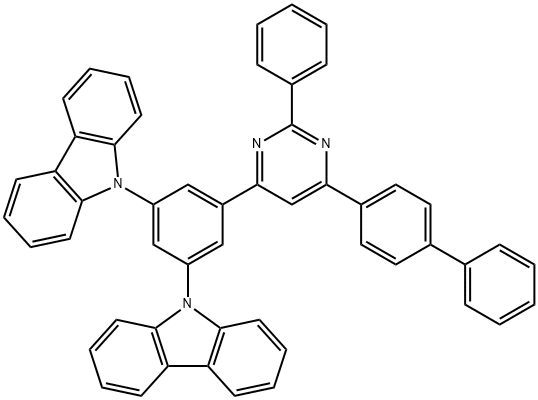 9,9'-(5-(6-([1,1'-联苯基]-4-基)-2-苯基嘧啶-4-基)-1,3-亚苯基)双(9H-咔唑) 结构式