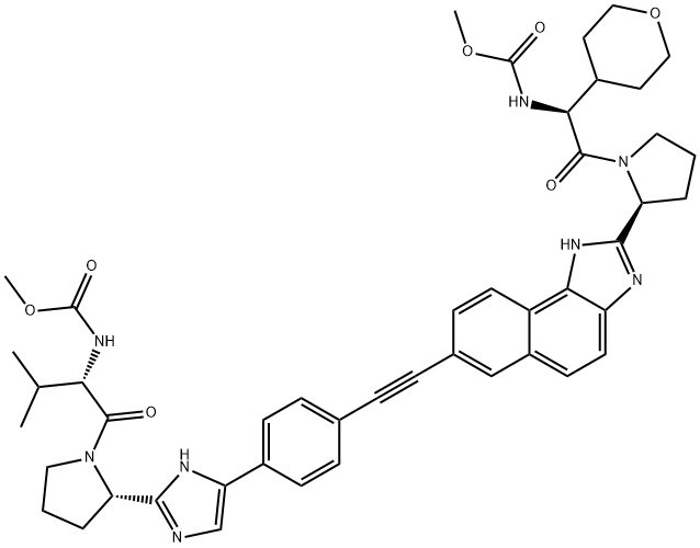 Carbamic acid, N-[(1S)-2-[(2S)-2-[7-[2-[4-[2-[(2S)-1-[(2S)-2-[(methoxycarbonyl)amino]-3-methyl-1-oxobutyl]-2-pyrrolidinyl]-1H-imidazol-5-yl]phenyl]ethynyl]-1H-naphth[1,2-d]imidazol-2-yl]-1-pyrrolidinyl]-2-oxo-1-(tetrahydro-2H-pyran-4-yl)ethyl]-, methyl es 结构式